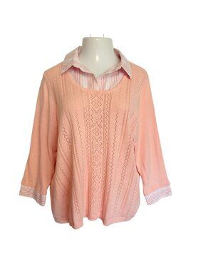 Alfred Dunner Womens 1X Sweater Peach Knit W Two in One 3/4 Sleeve Striped Solid